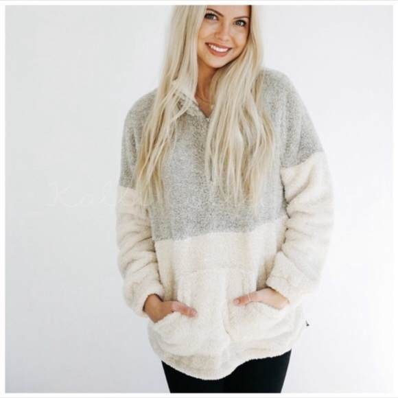 Taupe faux fur Sherpa half zip sweaters - Picture 2 of 4